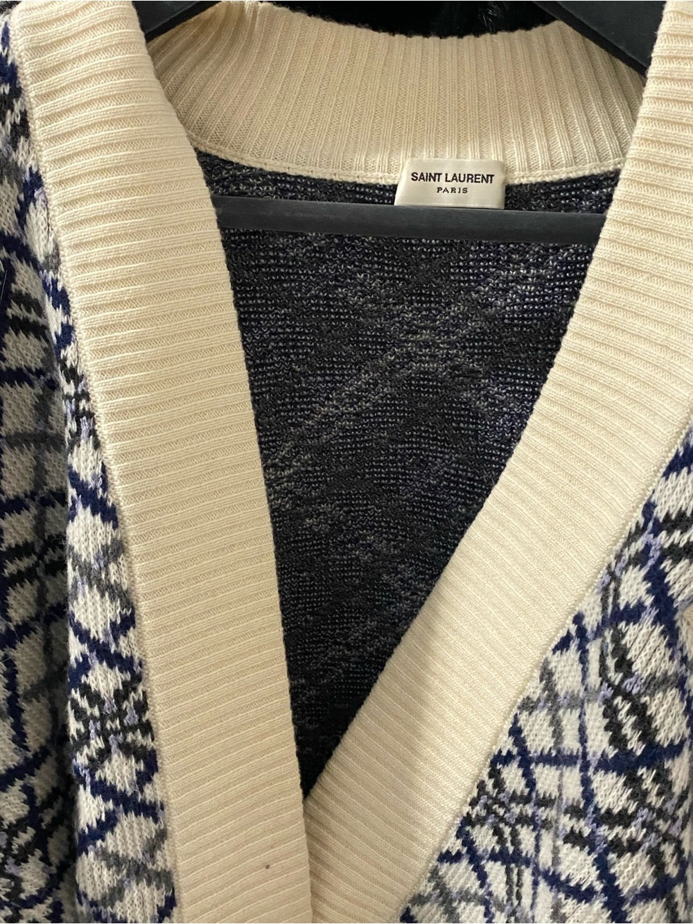 Saint Laurent Cream & Navy Geometric Knit Cardigan - Picture 3 of 5